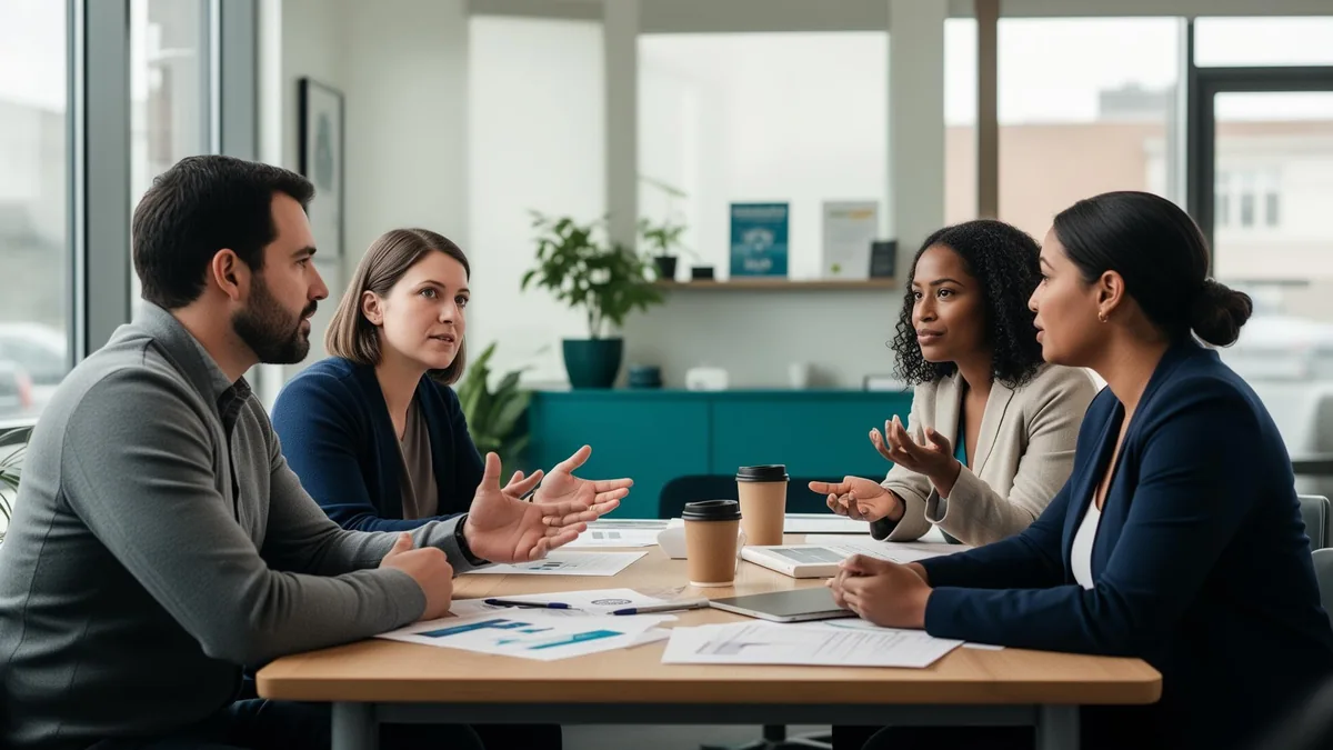 Professionals in a facilitated workplace discussion