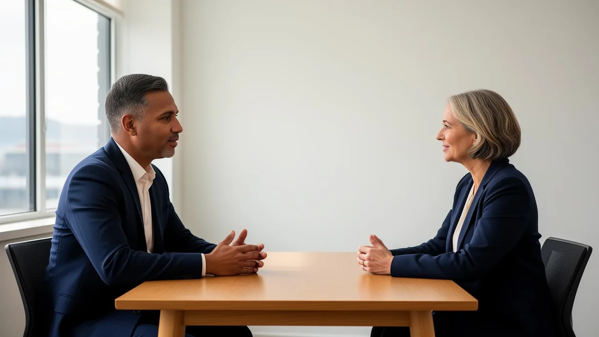 Two professionals discussing a workplace concern