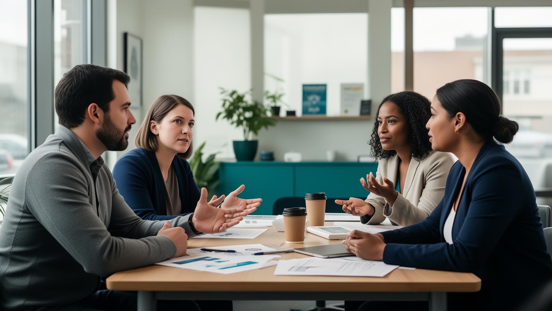 Professionals participating in a facilitated workplace discussion